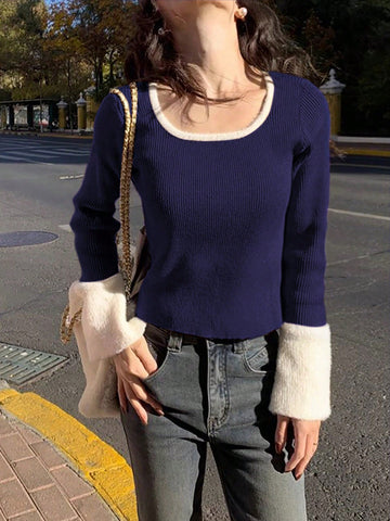 1pc Women's Elegant Slim Fit Contrasting Color Short Base Sweater