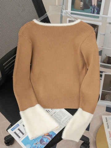 1pc Women's Elegant Slim Fit Contrasting Color Short Base Sweater