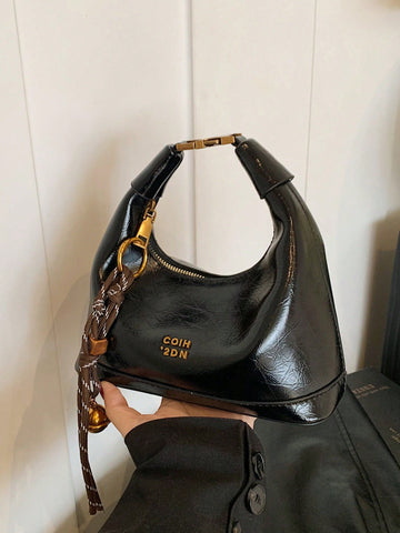 1pc Faux Snake Skin Woven Solid Color PU Tote Bag