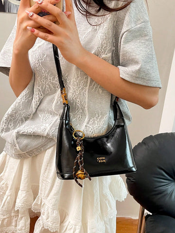 1pc Faux Snake Skin Woven Solid Color PU Tote Bag