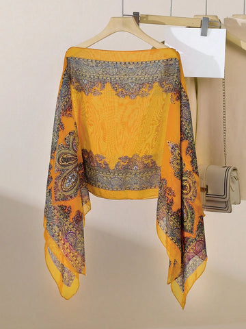Vintage Paisley Print Versatile Loose Fit Pearl Button Scarf Shawl
