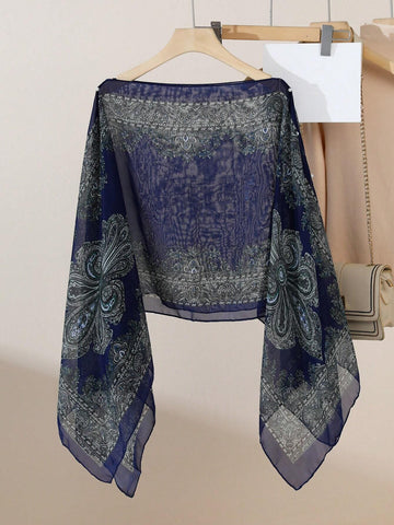 Vintage Paisley Print Versatile Loose Fit Pearl Button Scarf Shawl