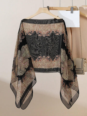 Vintage Paisley Print Versatile Loose Fit Pearl Button Scarf Shawl