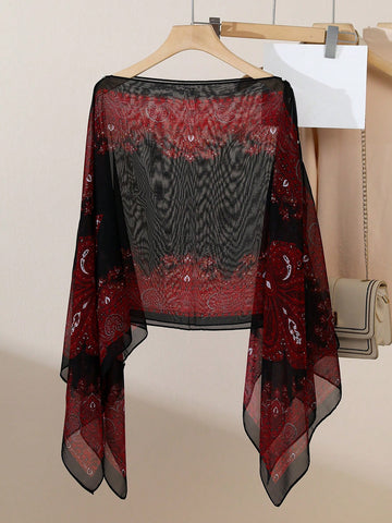 Vintage Paisley Print Versatile Loose Fit Pearl Button Scarf Shawl