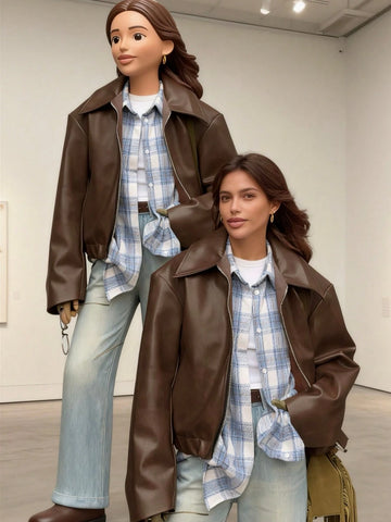 1pc Women's Solid Color Fashionable Loose Matte Leather Jacket Coat