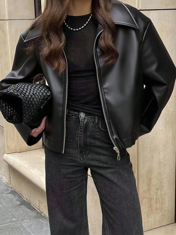 1pc Women's Solid Color Fashionable Loose Matte Leather Jacket Coat