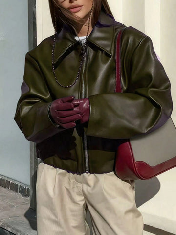 1pc Women's Solid Color Fashionable Loose Matte Leather Jacket Coat
