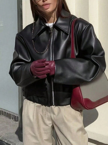 1pc Women's Solid Color Fashionable Loose Matte Leather Jacket Coat