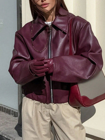 1pc Women's Solid Color Fashionable Loose Matte Leather Jacket Coat