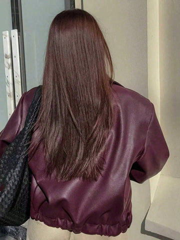 1pc Women's Solid Color Fashionable Loose Matte Leather Jacket Coat