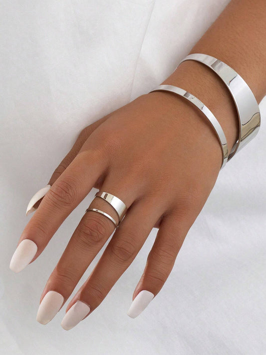 1 Set Simple And Versatile Geometric Hollow Double Layer Bangle And Ring