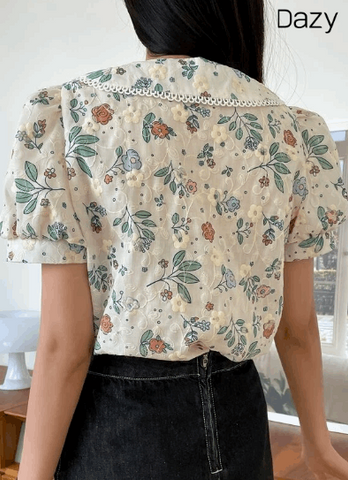 DAZY Floral Embroidery Peter Pan Collar Puff Sleeve Blouse