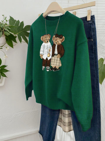 Retro Cartoon Bear Embroidered Loose Fit Round Neck Long Sleeve Sweater