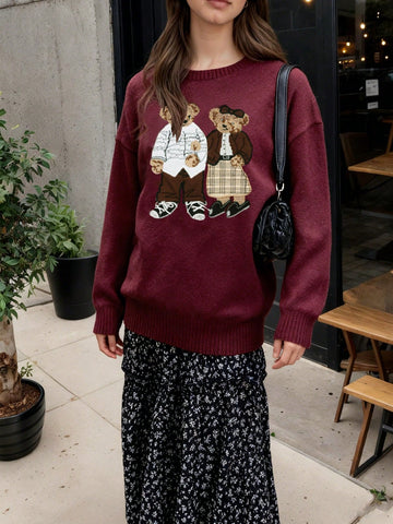 Retro Cartoon Bear Embroidered Loose Fit Round Neck Long Sleeve Sweater