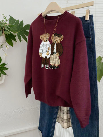 Retro Cartoon Bear Embroidered Loose Fit Round Neck Long Sleeve Sweater