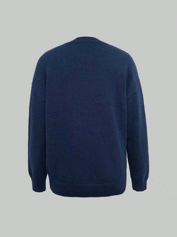 Retro Cartoon Bear Embroidered Loose Fit Round Neck Long Sleeve Sweater