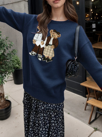 Retro Cartoon Bear Embroidered Loose Fit Round Neck Long Sleeve Sweater