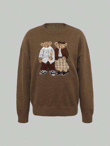 Retro Cartoon Bear Embroidered Loose Fit Round Neck Long Sleeve Sweater