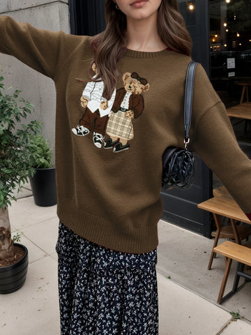 Retro Cartoon Bear Embroidered Loose Fit Round Neck Long Sleeve Sweater