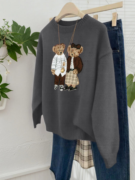 Retro Cartoon Bear Embroidered Loose Fit Round Neck Long Sleeve Sweater
