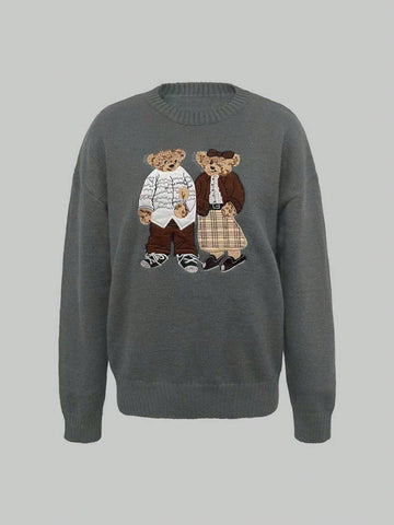 Retro Cartoon Bear Embroidered Loose Fit Round Neck Long Sleeve Sweater