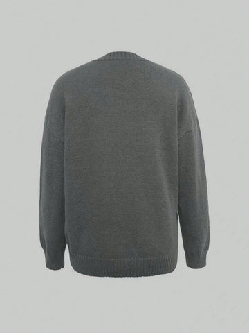 Retro Cartoon Bear Embroidered Loose Fit Round Neck Long Sleeve Sweater