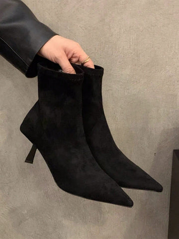 Suede Pointed Toe Slim Fit Ankle Boots With Fur Lining
