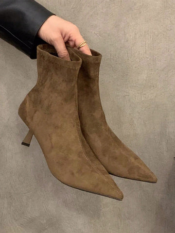Suede Pointed Toe Slim Fit Ankle Boots With Fur Lining