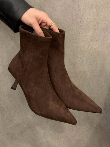 Suede Pointed Toe Slim Fit Ankle Boots With Fur Lining