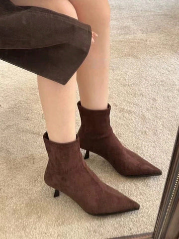 Suede Pointed Toe Slim Fit Ankle Boots With Fur Lining