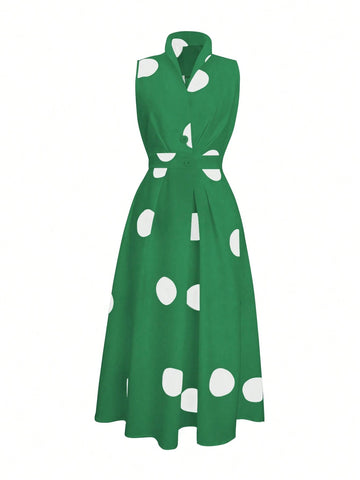 Random Polka Dot V-Neck Women's Waist Long Large Swing Button Dress