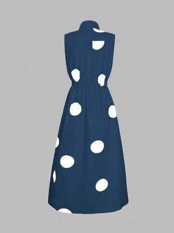 Random Polka Dot V-Neck Women's Waist Long Large Swing Button Dress