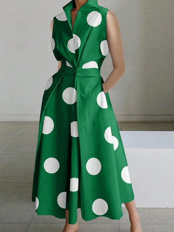 Random Polka Dot V-Neck Women's Waist Long Large Swing Button Dress