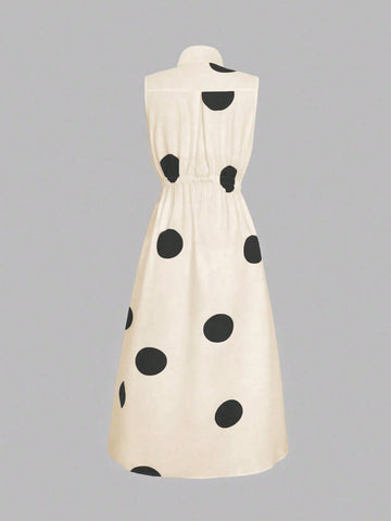 Random Polka Dot V-Neck Women's Waist Long Large Swing Button Dress