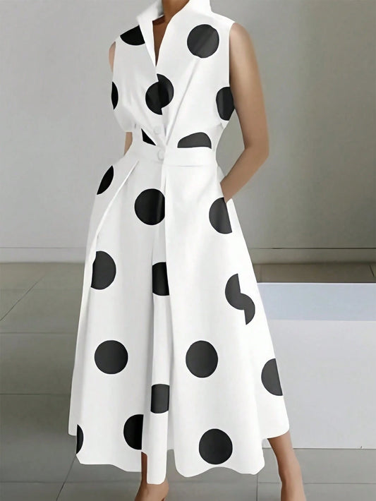 Random Polka Dot V-Neck Women's Waist Long Large Swing Button Dress