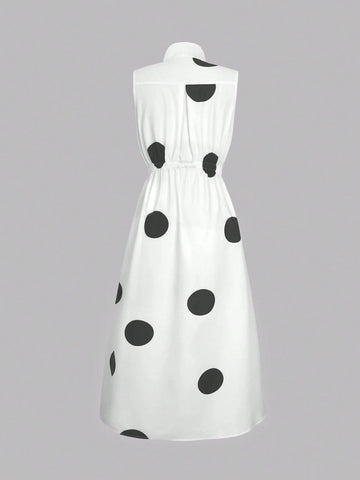 Random Polka Dot V-Neck Women's Waist Long Large Swing Button Dress