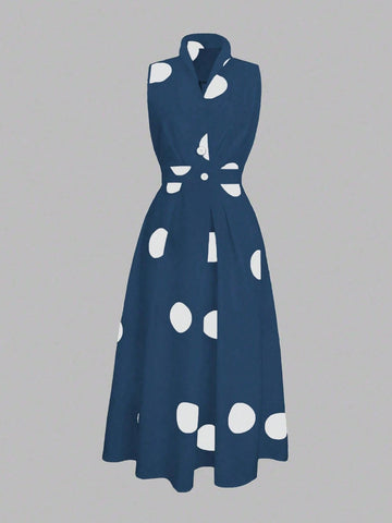 Random Polka Dot V-Neck Women's Waist Long Large Swing Button Dress