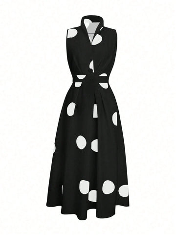 Random Polka Dot V-Neck Women's Waist Long Large Swing Button Dress