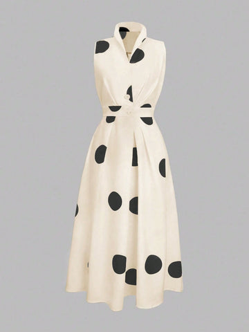 Random Polka Dot V-Neck Women's Waist Long Large Swing Button Dress