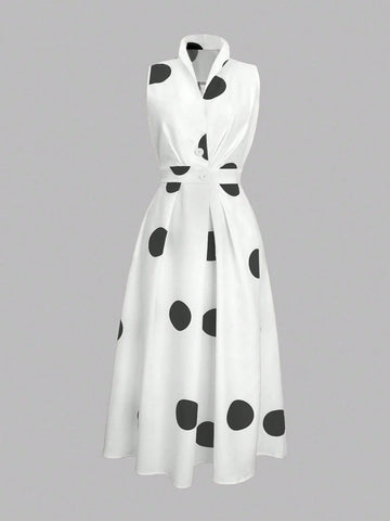 Random Polka Dot V-Neck Women's Waist Long Large Swing Button Dress