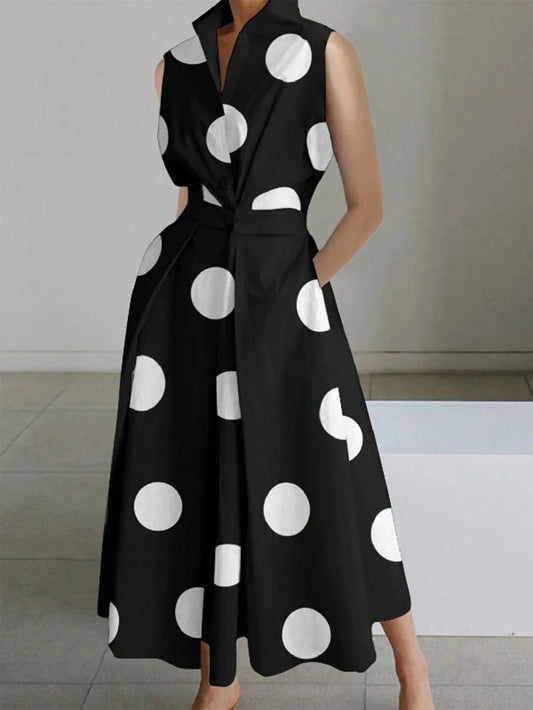 Random Polka Dot V-Neck Women's Waist Long Large Swing Button Dress