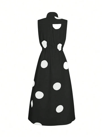 Random Polka Dot V-Neck Women's Waist Long Large Swing Button Dress