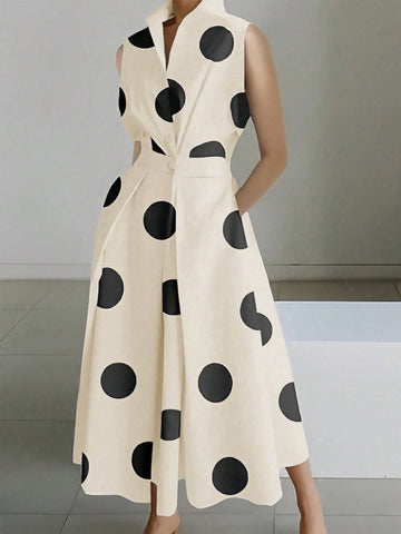 Random Polka Dot V-Neck Women's Waist Long Large Swing Button Dress