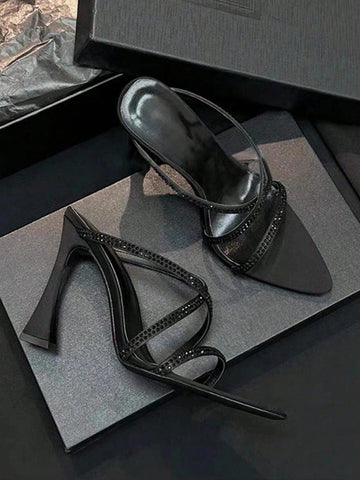 Rhinestone Decorated Satin Peep Toe Sexy Criss-Cross Strap High Heel Sandals