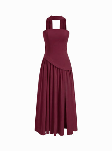 Chiffon Sculptural Halter Neckline Lace Up Maxi Bobycon Dress With Scarf