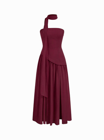 Chiffon Sculptural Halter Neckline Lace Up Maxi Bobycon Dress With Scarf