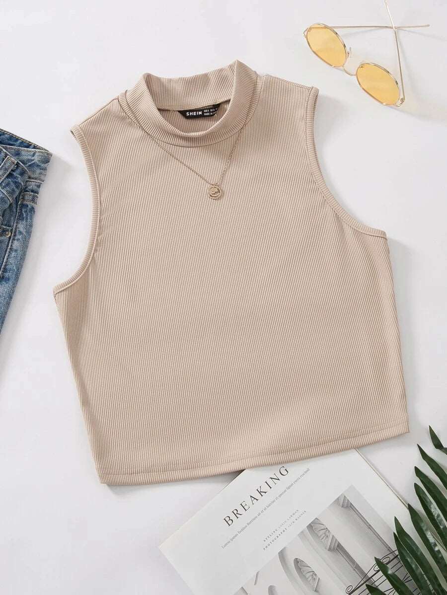 EZwear Mock Neck Rib-knit Tank Top