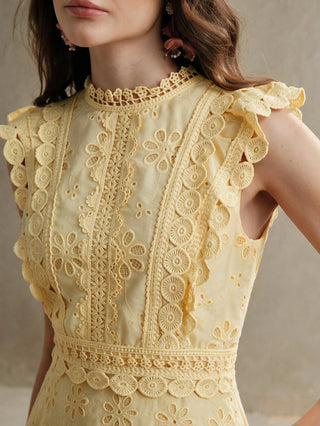 Multi-Layer Lace Stand Collar Cap Sleeve Yellow Dress