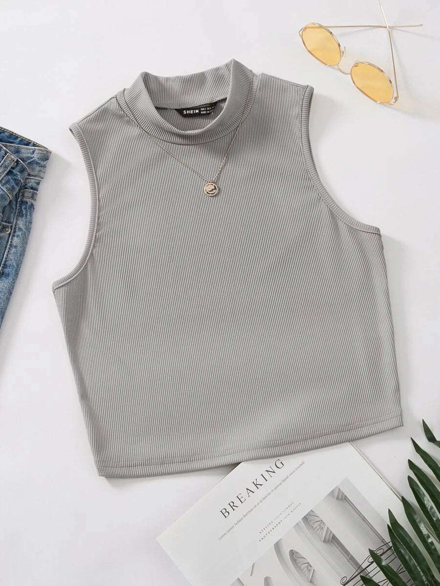 EZwear Mock Neck Rib-knit Tank Top