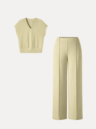 V-Neck Short Sleeve Top & Cropped Straight-Leg Pants